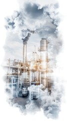 Double exposure of oil refinery and pipelines with a technology concept. Industrial and innovation theme.	
