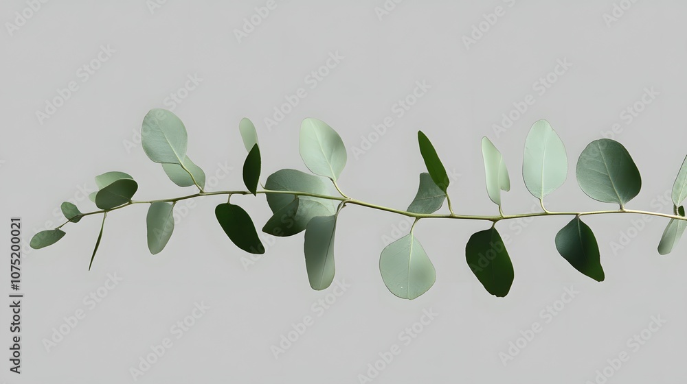 Poster a pale gray background with a single sprig of green eucalyptus, placed carefully to create a clean, 