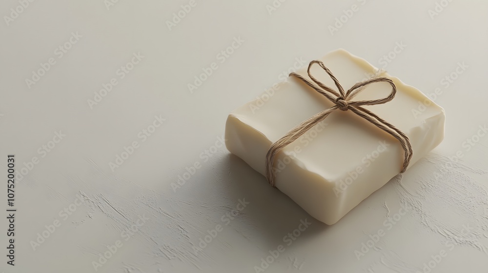 Poster a smooth white surface with a single bar of handmade soap, tied with a thin piece of twine, highligh