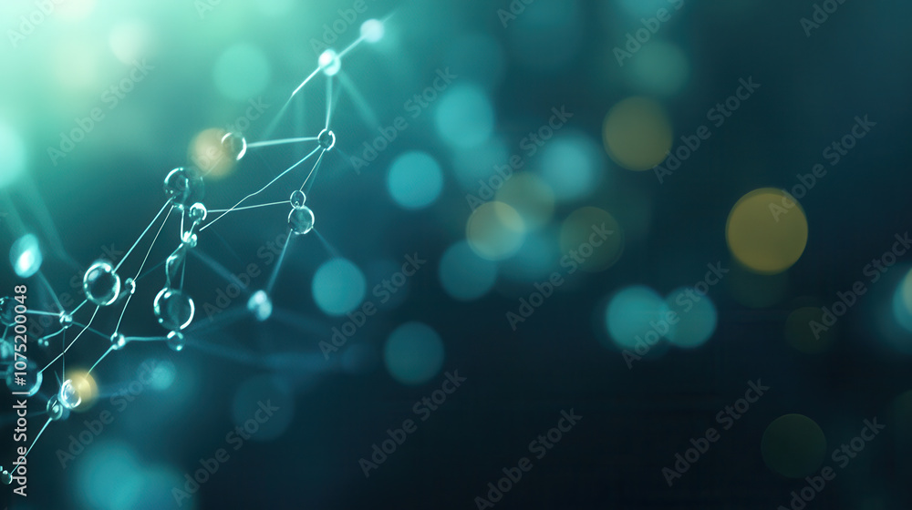 Poster abstract tech backdrop with blurred elements, featuring molecular structures and glowing bokeh effec