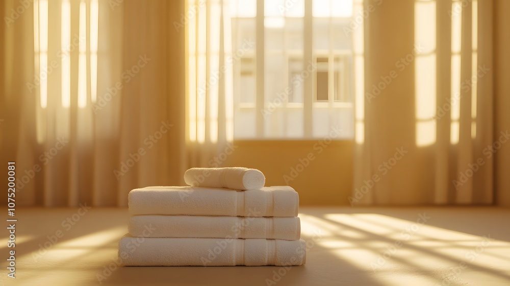 Poster A soft beige surface with a stack of white towels neatly arranged, creating a calm, spa-like minimalist aesthetic. No text, no logo, wide angle shot, cinematic scene, 4k resolution
