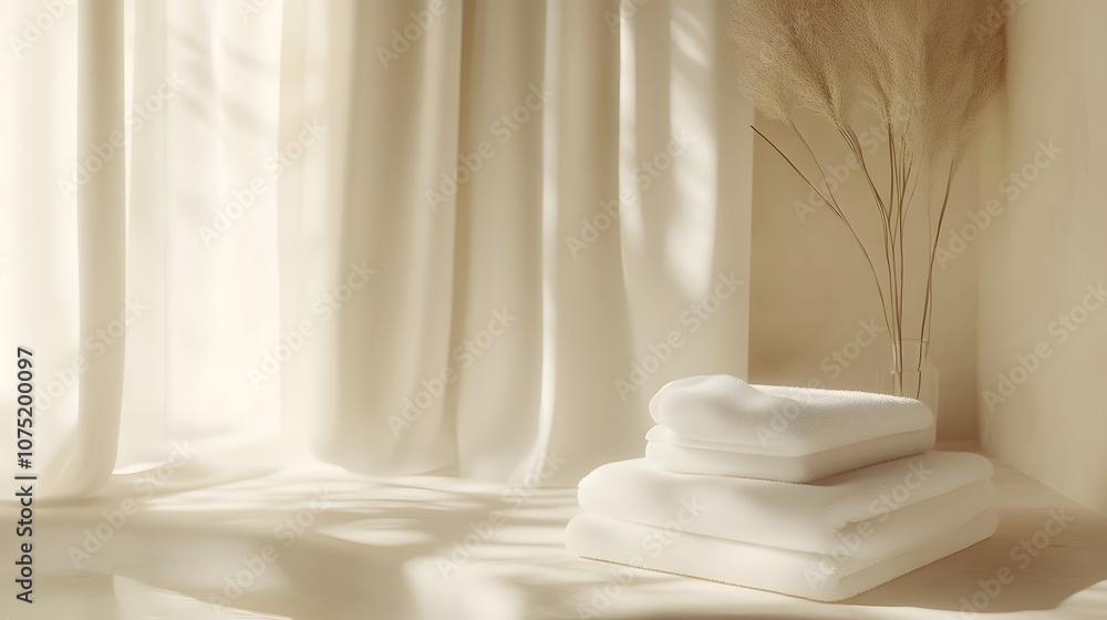 Poster A soft beige surface with a stack of white towels neatly arranged, creating a calm, spa-like minimalist aesthetic. No text, no logo, wide angle shot, cinematic scene, 4k resolution