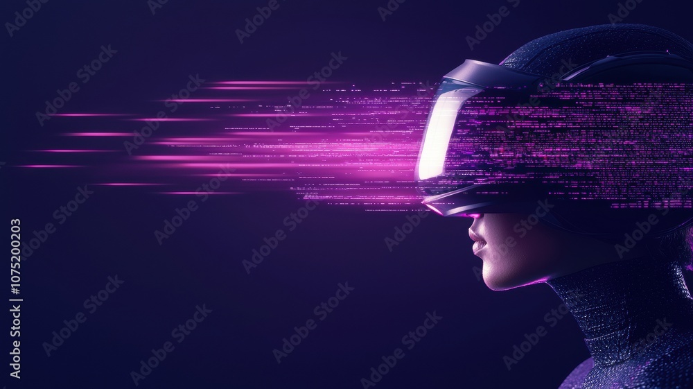 Poster woman in a futuristic outfit engaged in coding with a 3d screen displaying flowing data streams in a