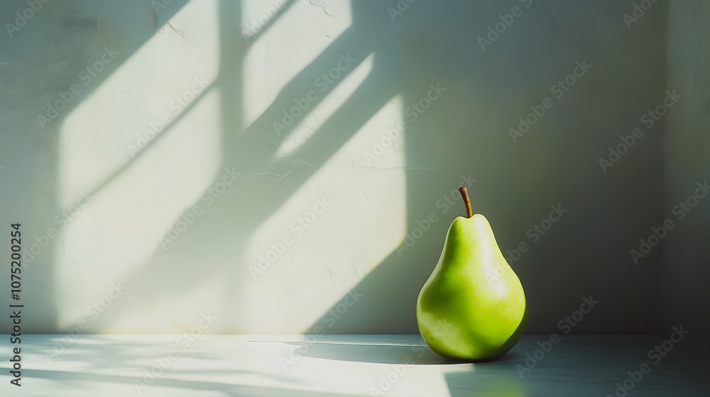 Poster a clean surface with a single green pear and soft lighting that accentuates its natural shape, embod