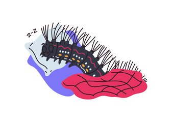 Cartoon spotted fluffy black caterpillar sleeps on pillow under blanket, vector cute bug worm insect dream doodle drawn