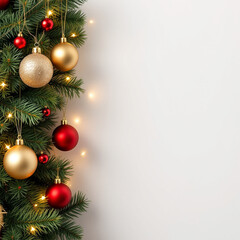 Fototapeta premium A poster or banner for christmas background with christmas tree branches and balls