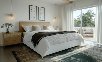 Bright and airy bedroom with modern farmhouse decor, featuring a wood-accented bed, layered white bedding, and floor-to-ceiling windows overlooking greenery.