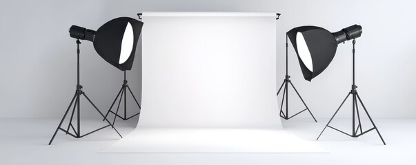 A minimalist photography studio setup featuring two softbox lights and a clean, white backdrop.