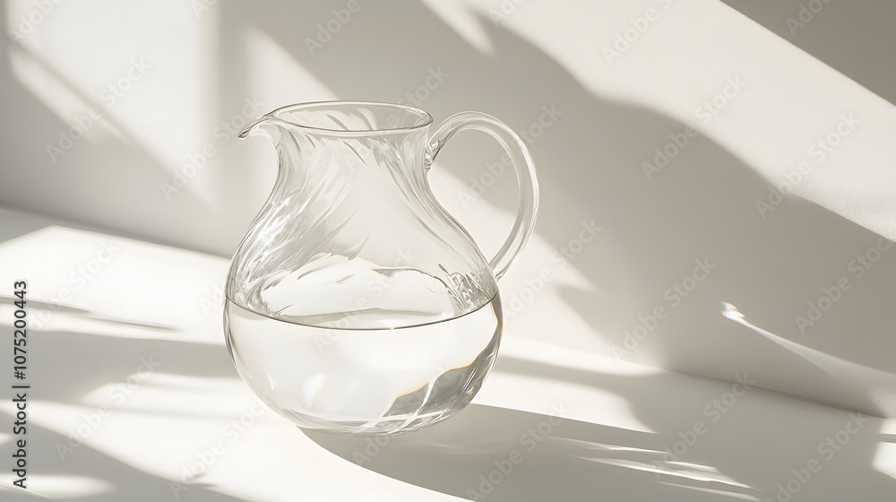 Poster a glass pitcher of water on a white surface, with soft light casting a gentle shadow, capturing a cl