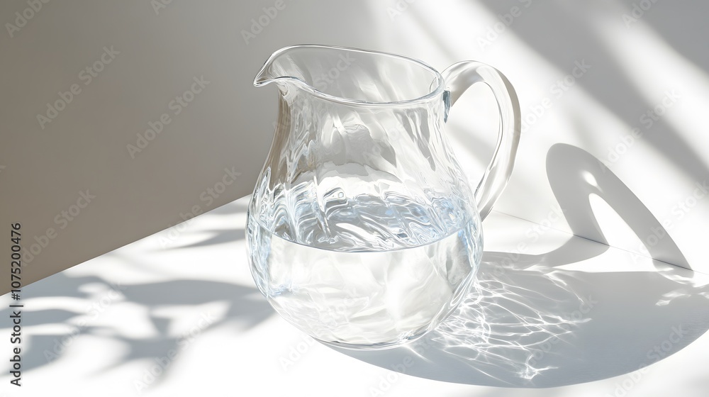 Poster a glass pitcher of water on a white surface, with soft light casting a gentle shadow, capturing a cl