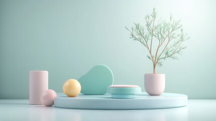 modern still life composition featuring pastel colored geometric shapes and plant. serene arrangement evokes sense of calm and creativity