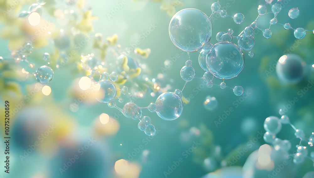 Poster abstract 3d rendering of a molecule structure with iridescent bubbles and a soft blue background.