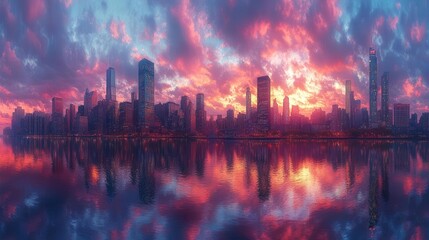 Obraz premium stunning reflective skyscrapers rise against a vibrant sunset sky, showcasing a modern urban landscape that captures the energy and dynamism of city life