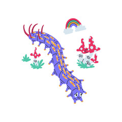 Vector illustration of a sad purple caterpillar crawling between fly agarics and a rainbow.