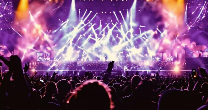 A lively concert crowd illuminated by bright stage lights at a live event, such as a concert or halftime show, set in a sports stadium, generated by AI.