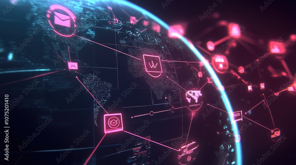 Poster futuristic global network concept connecting digital communication icons over earth in neon pink and