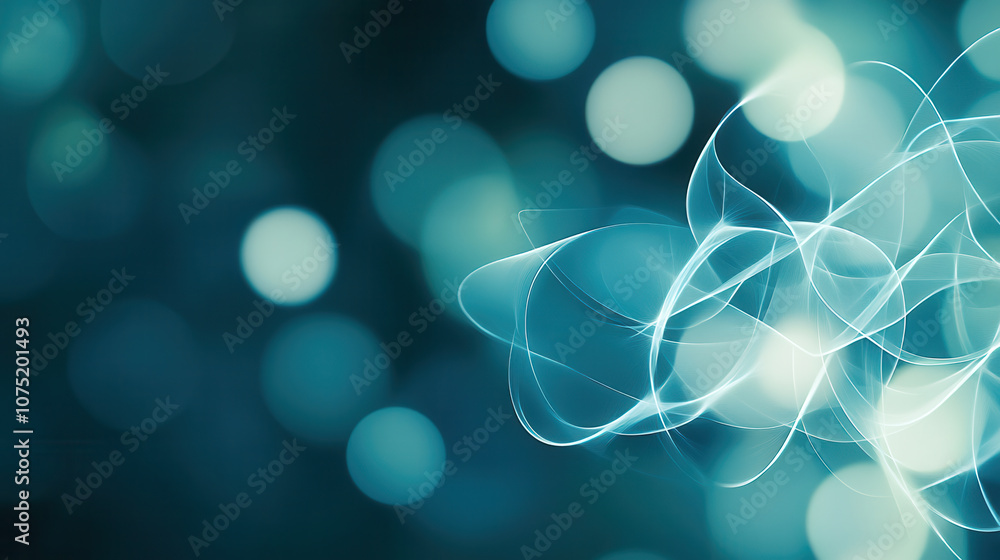 Poster abstract blue background with soft glowing circles and flowing lines, creating serene and modern atm