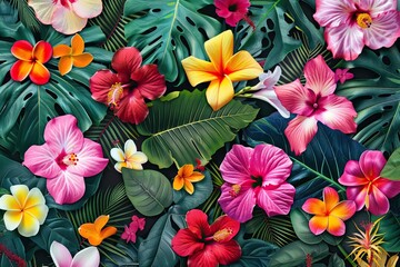 A lively tropical floral pattern showcasing colorful flowers and lush green leaves 