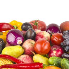 fruits and vegetables isolated on a white background. Free space for text.