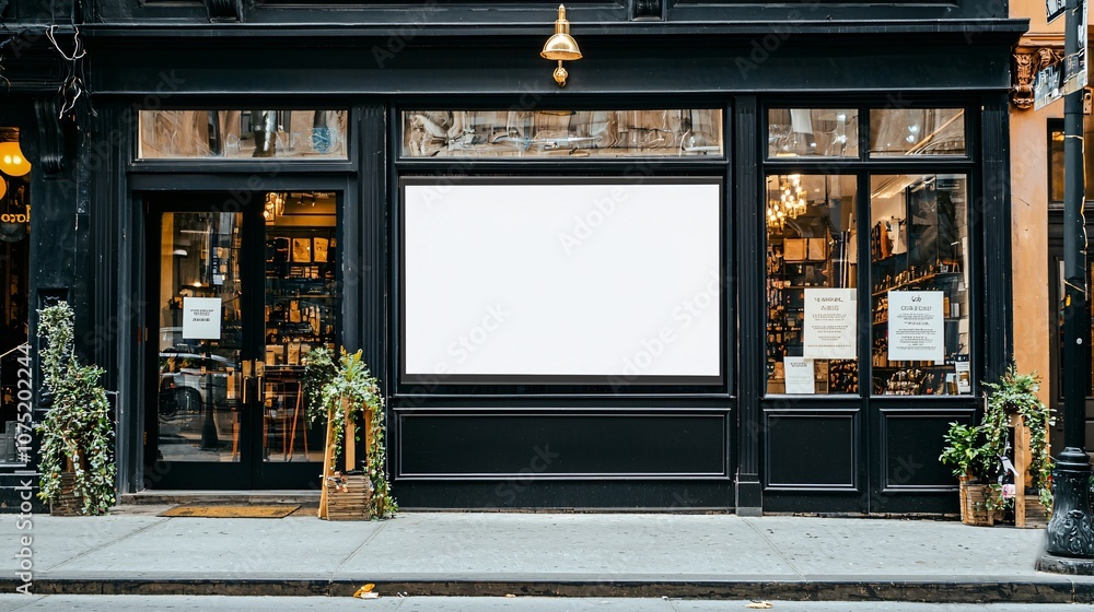 Poster a storefront featuring a modern design with large windows and a blank sign, creating a stylish yet m