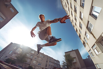 photo of a parkour athlete jumping between buildings