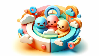 Naklejka premium 3D Soft Abstract Art Community Collaboration Concept with Overlapping Shapes and Soft Gradients Symbolizing Teamwork, Mutual Support, Digital Artwork, Ample Copy Space, Isolated Icon on White Backgrou