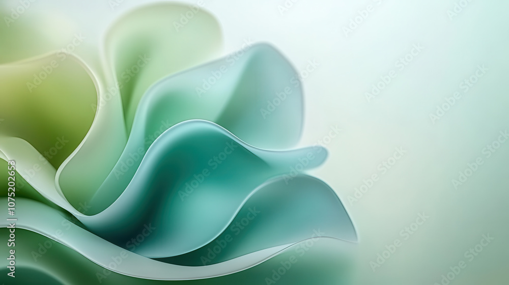 Poster soft abstract design with flowing curves in green and blue hues, creating serene and calming atmosph