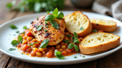 Delicious plate of Mary Me Chicken served with bread on a wooden table.