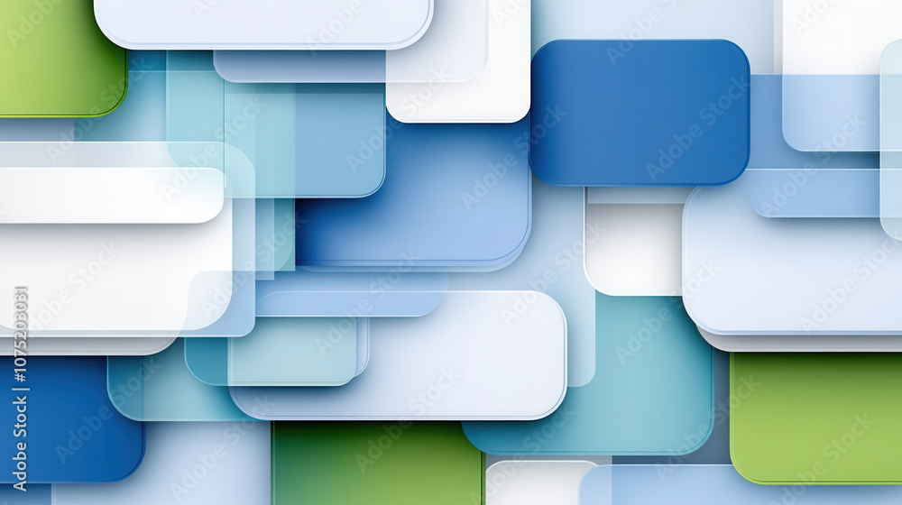 Poster modern abstract background with layered rectangles in blue, green, and white hues, creating soft foc