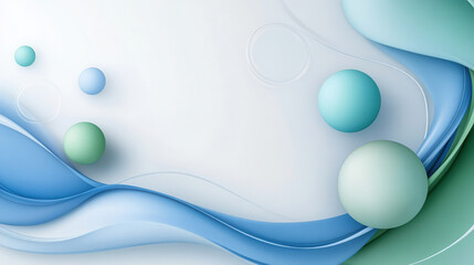Soft blue and green abstract background with flowing waves and spheres, creating serene and modern atmosphere. Ideal for design projects and digital art