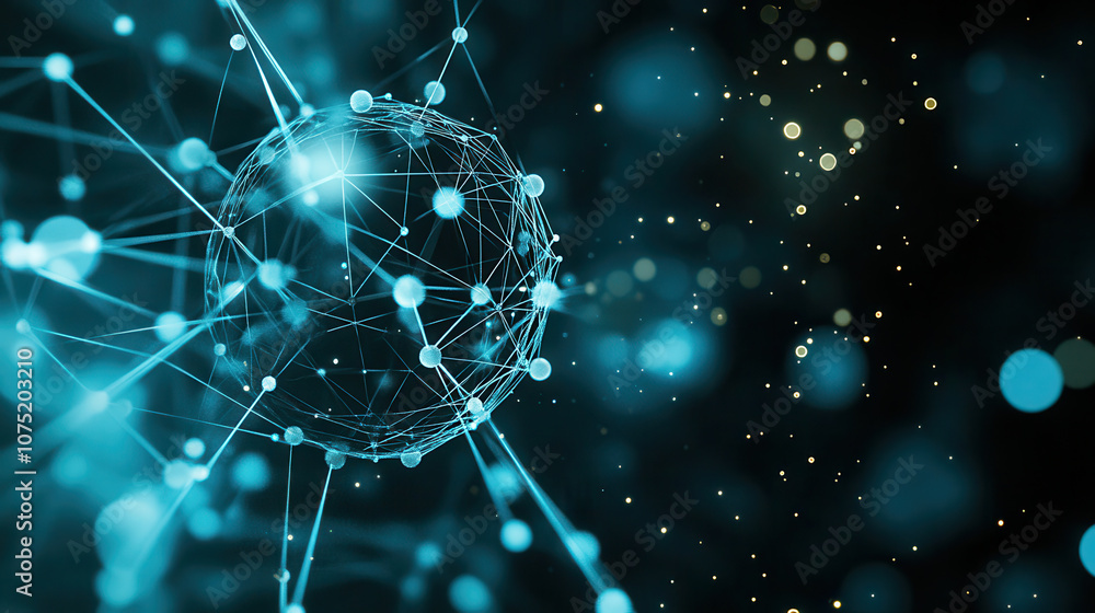 Poster Abstract tech background featuring interconnected nodes and glowing particles, creating sense of depth and innovation. Ideal for technology and science themes