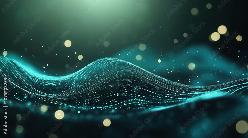 Poster abstract tech background featuring flowing waves of light and particles, creating serene and futuris