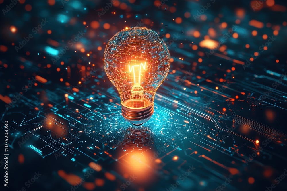 Poster glowing lightbulb surrounded by abstract data and circuitry