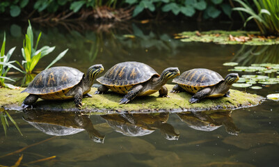 Fototapeta premium Three turtles bask on a mossy rock in a pond on a sunny day