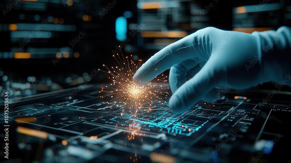 Poster hand in blue gloves interacts with digital interface, creating sparks of light. scene conveys sense 