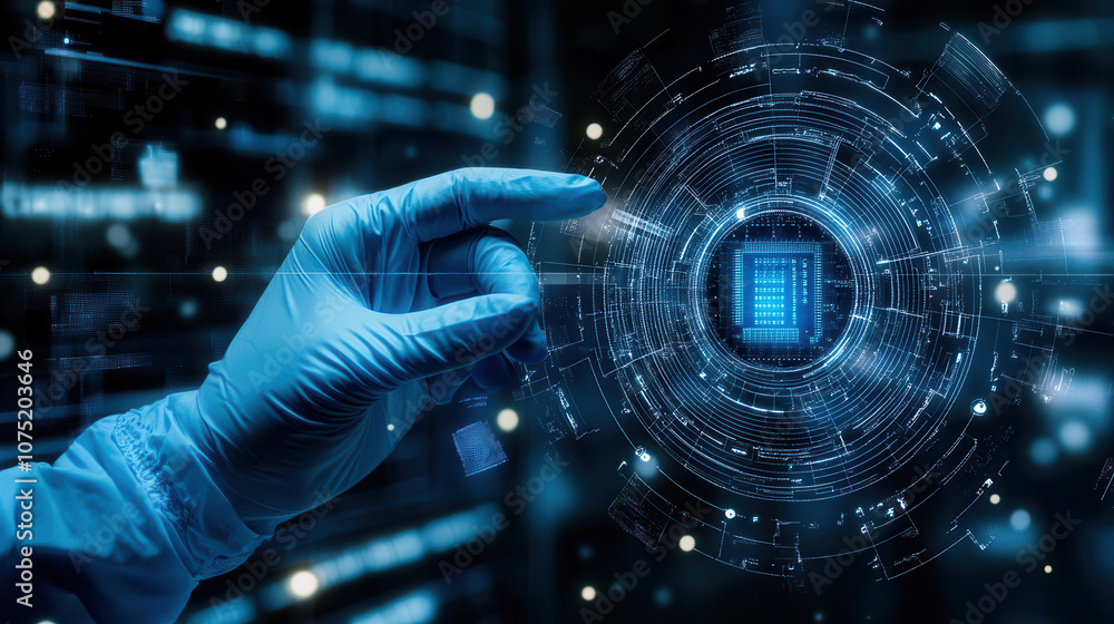 Poster detailed view of hand in blue gloves interacting with digital microchip, showcasing advanced technol