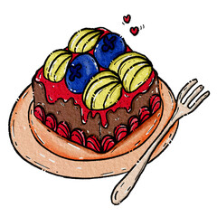 Cake. Colorful fruit cake. Cartoon cake on plate. Abstract dessert illustration. Delicious dessert elements. Birthday cake.