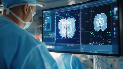 doctor analyzing medical scans on computer screen in emergency room, focused on patient care and diagnostics
