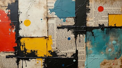 Fototapeta premium collage art made from ripped newspaper, abstract form, grunge, paste on wall