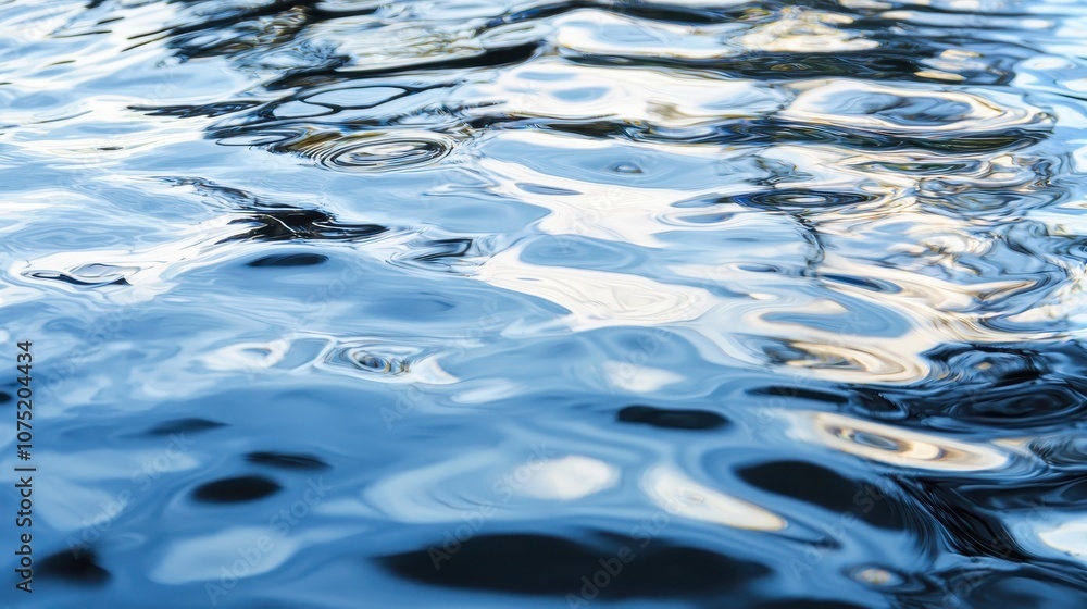 Poster a close-up view of rippling water capturing light reflections, creating a serene and tranquil atmosp