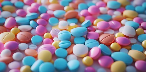 Colorful pills and tablets background. Close-up of various colorful pills in the style of architectural 