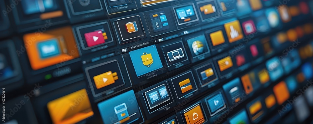 Poster a vibrant digital interface showcasing a variety of colorful media icons, representing different fun