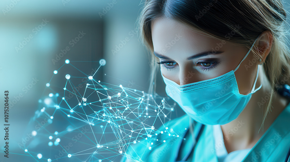 Poster focused medical professional in mask analyzing data with digital graphics. image conveys sense of ur