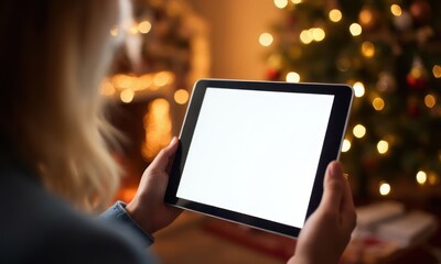 Woman is holding tablet with a white screen. Concept of calm and focus, as the woman is intently looking at the screen. The tablet could be device for work, study or entertainment