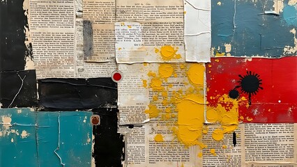 Fototapeta premium collage art made from ripped newspaper, abstract form, grunge, paste on wall