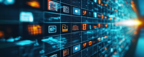 Obraz premium A futuristic digital interface displaying various screens and data visualizations in vibrant colors.