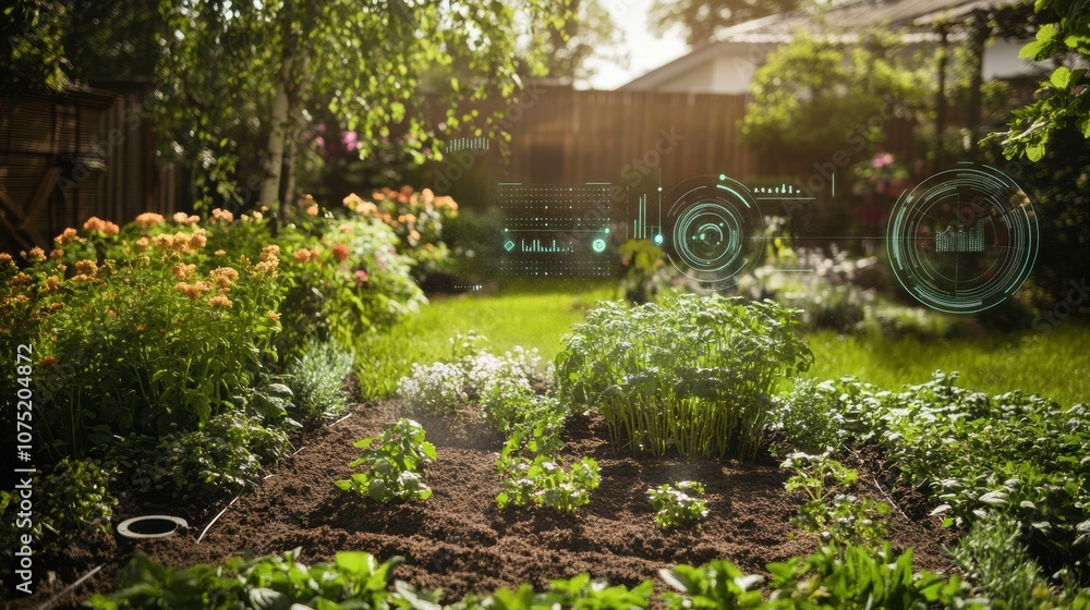 Poster this garden features advanced soil sensors and automated sprinklers maintaining healthy plants in a 