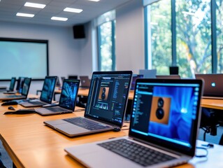 A modern classroom with several laptops on tables, bright windows, and a projector, ideal for digital learning and collaboration.