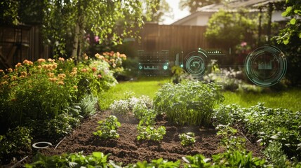 Naklejka premium This garden features advanced soil sensors and automated sprinklers maintaining healthy plants in a flourishing outdoor environment. Generative AI