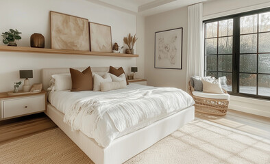 Warm modern bedroom with soft white bedding, textured pillows, and neutral tones. Natural light filters in, highlighting earthy decor, wood elements, and minimalist art.